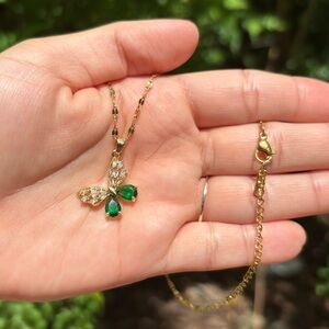 18K Gold Plated Stainless Steel Green Diamond Butterfly Necklace